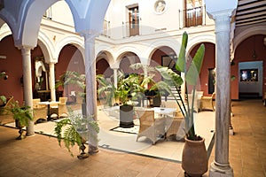 Beautiful interior courtyard with columns and plants of the reception of a luxurious hotel. Travel concept, rooms, buildings,