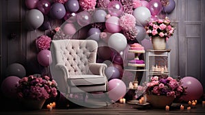 Beautiful interior of room decorated for birthday party with purple and pink balloons, cake and armchair.