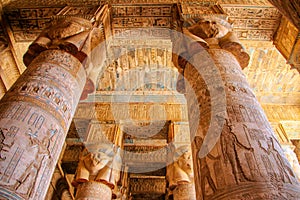 Beautiful interior of the temple of Dendera or the Temple of Hathor. Colorful zodiac on the ceiling of the ancient photo