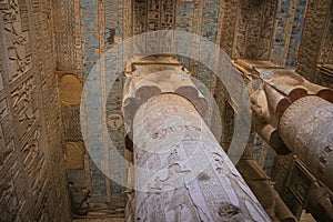 Beautiful interior of the Temple of Dendera or the Temple of Hathor. Egypt, Dendera, Ancient Egyptian temple near the city of Ken