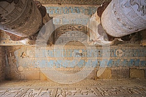 Beautiful interior of the Temple of Dendera or the Temple of Hathor. Egypt, Dendera, Ancient Egyptian temple near the city of Ken