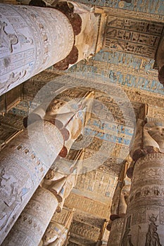 Beautiful interior of the Temple of Dendera or the Temple of Hathor. Egypt, Dendera, Ancient Egyptian temple near the city of Ken