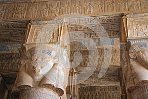 Beautiful interior of the Temple of Dendera or the Temple of Hathor. Egypt, Dendera, Ancient Egyptian temple near the city of Ken