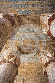 Beautiful interior of the Temple of Dendera or the Temple of Hathor. Egypt, Dendera, Ancient Egyptian temple near the city of Ken