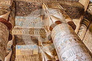 Beautiful interior of the Temple of Dendera or the Temple of Hathor. Egypt, Dendera, Ancient Egyptian temple near the city of Ken