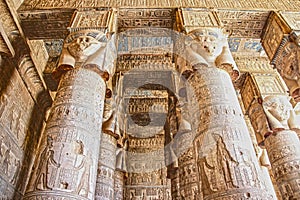 Beautiful interior of the Temple of Dendera or the Temple of Hathor. Egypt, Dendera, Ancient Egyptian temple near the city of Ken