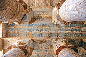 Beautiful interior of the Temple of Dendera or the Temple of Hathor. Egypt, Dendera, Ancient Egyptian temple near the city of Ken