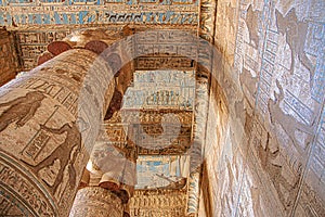 Beautiful interior of the Temple of Dendera or the Temple of Hathor. Egypt, Dendera, Ancient Egyptian temple near the city of Ken