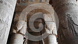 Beautiful interior of the Temple of Dendera or the Temple of Hathor. Egypt, Dendera, Ancient Egyptian temple near the city of Ken.