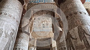 Beautiful interior of the Temple of Dendera or the Temple of Hathor. Egypt, Dendera, Ancient Egyptian temple near the city of Ken.
