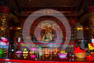 Interior Tua Pek Kong Chinese Temple. Bintulu city, Borneo, Sarawak, Malaysia