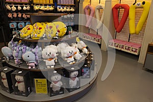 Beautiful Interior view of BT21 store on Broadway in New York with shelves of plush toys for sale.