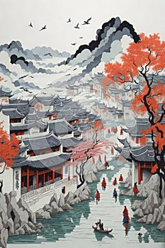 A beautiful and intricate paper quilling painting of Hongchun and Xidi, a traditional Chinese village.