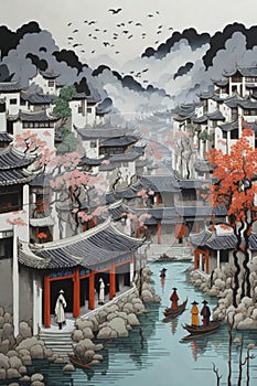 A beautiful and intricate paper quilling painting of Hongchun and Xidi, a traditional Chinese village.