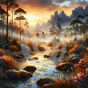 Beautiful intricate wetland in digital painting art, with river, plants, trees, grass, flowers, rocks, stones, golden hour