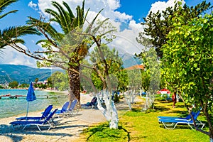 Beautiful Ionian Sea beach scenery Nidri town Lefkada island Greece