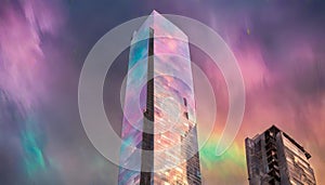 Beautiful iridescent , Irisation. Skyscraper background.