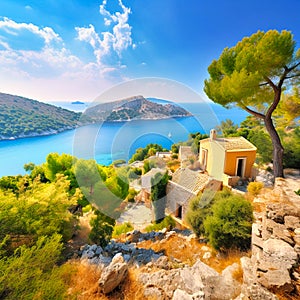 beautiful island with a ancient village mediterran, generative AI
