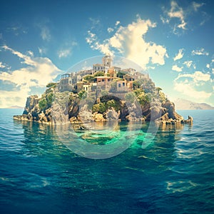 beautiful island with a ancient village mediterran, generative AI