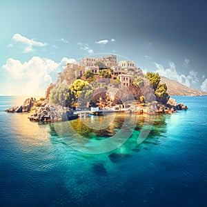 beautiful island with a ancient village mediterran, generative AI