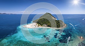 The beautiful island of Marathonisi or Turtle island in the bay of Laganas, Greece