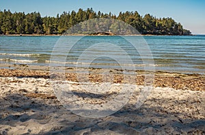 Beautiful island with sand and trees at the ocean. Beach sand and ocean waves sea water foam texture background