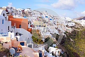 Beautiful island of Santorini, Greece. Traditional white greek house. The city of Oia on the island of Santorini. Greek journey. S