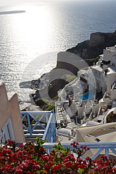 Beautiful island of Santorini, Greece. Traditional white greek houses against the backdrop of the sea. The city of Oia on the isla