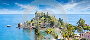 Beautiful Isola Bella, small island near Taormina, Sicily, Italy. Narrow path connects island to mainland Taormina beach