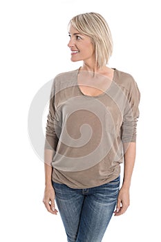 Beautiful isolated middle aged blond woman looking sideways to t photo
