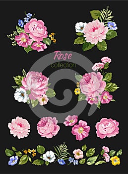 Beautiful isolated pink flowers on the white background. Set of different floral design elements