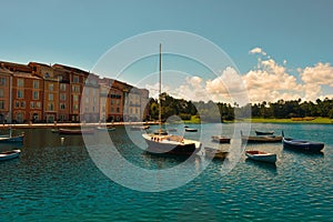 The beautiful Italian Portofino hotel, with colorfull villages and fishing boats in little bay
