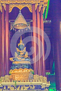 Beautiful jade Buddha image at Wat Phra Kaew, Chiang Rai, Thailand. Wat Phra Kaew is the original home of the translucent green