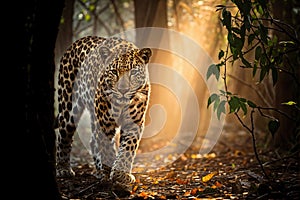 Beautiful jaguar walking through the forest with sunlight shining through the trees. Amazing Wildlife