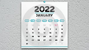 A beautiful January page of the calendar 2022 with the marked New Yearâ€™s date