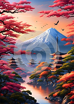Beautiful Japan landscape nature illustration
