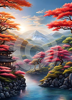 Beautiful Japan landscape nature illustration