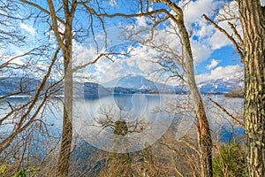 Beautiful Japan in winter around the mountains Lake and tree w