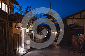 Beautiful Japanese ancient pagoda at night in Kyoto