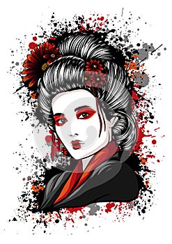 Beautiful Japanese Geisha Holds Red Fan Vector Illustration.