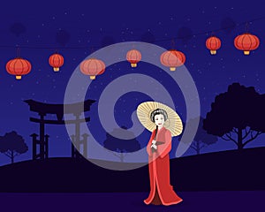 Beautiful Japanese Girl in Red Traditional Kimono Dress Standing on Background of Night Landscape Vector Illustration