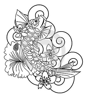 Beautiful Japanese koi carp coloring book and tattoo idea