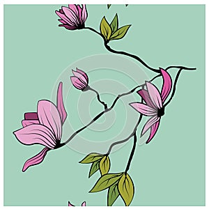 Beautiful japanese seamless pattern with pink magnolia on colorful background for decorative design. Seamless vector