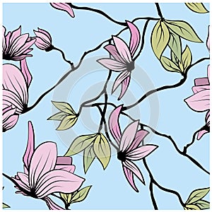 Beautiful japanese seamless pattern with pink magnolia on colorful background for decorative design. Seamless vector