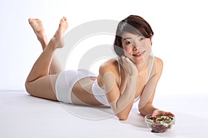 Beautiful japanese woman healthy body with fruit