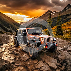 Beautiful Jeep wrangler on the Mountain, Generative AI