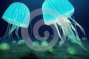 Beautiful jellyfish coral reef creature on blue sea background. Underwater marine wildlife undersea ecosystem nature