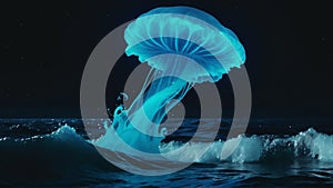 Beautiful jellyfish in the ocean at night. 3d rendering