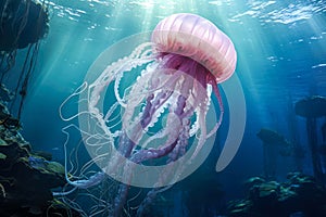 Beautiful jellyfish swimming in the deep blue sea. Underwater world.