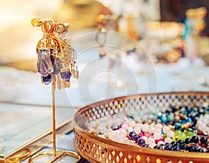 beautiful jewelry on the table, jewelry with healing stones.